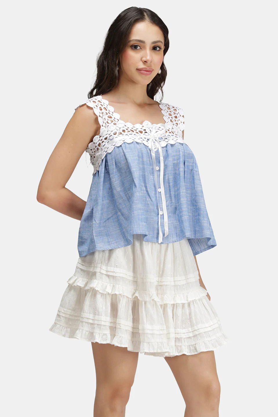 Blue-Chip Crochet-Yoke Chambray Peplum Top - Image 4