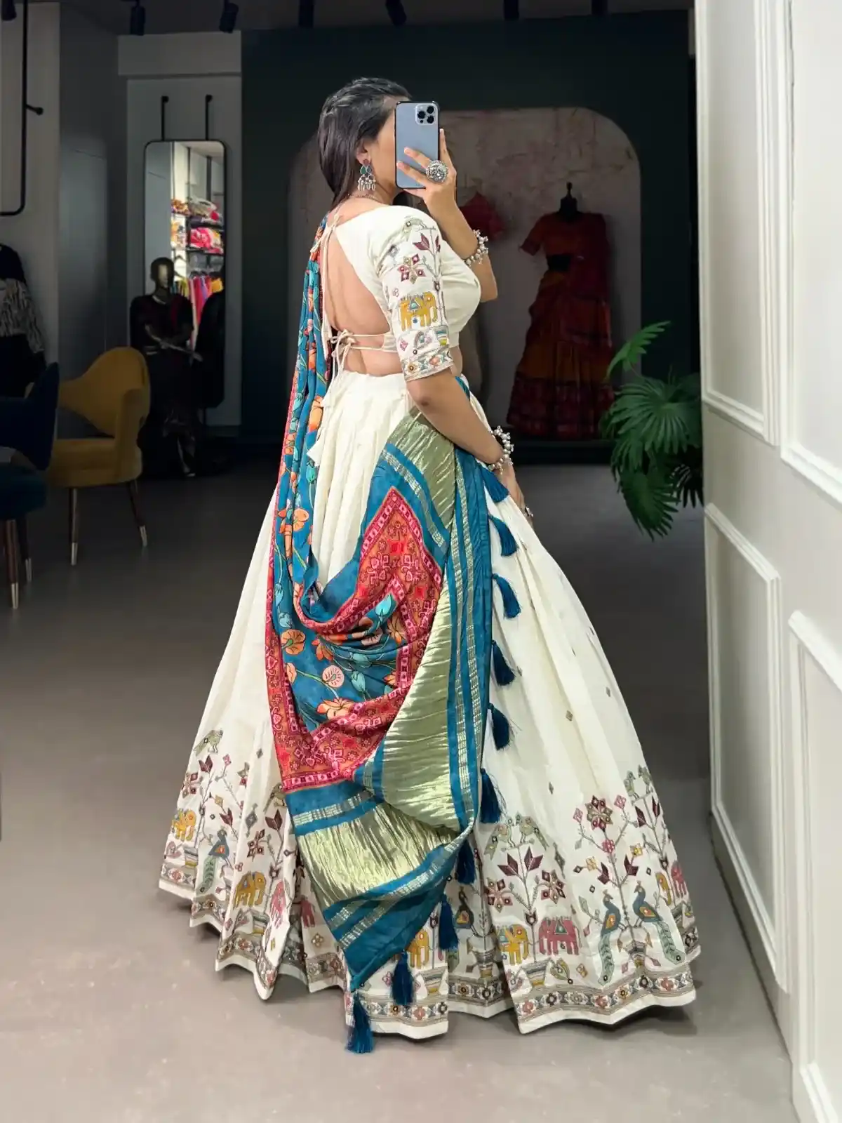 Ivory Treasury Embroidered Chaniya Choli with Royal Pink Dupatta – Luxe Heritage Edition - Image 6