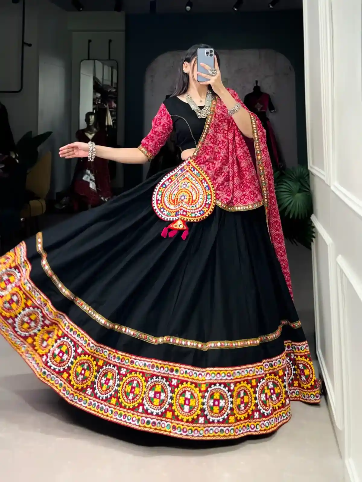Black Heritage Capital Chaniya Choli with Red Bandhani Dupatta – Kutchi Luxe Edition - Image 2
