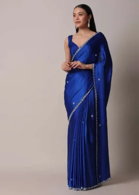 Royal Sapphire Satin Saree with Stone Embellished Border – Luxury Trade Trend Edition