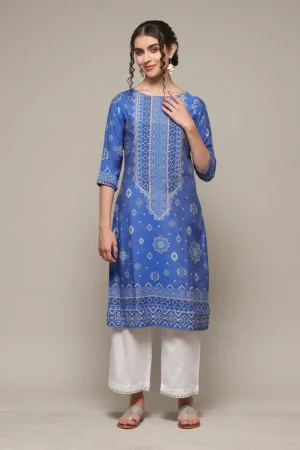 Royal Blue Bandhani-Inspired Straight Kurta with White Palazzo