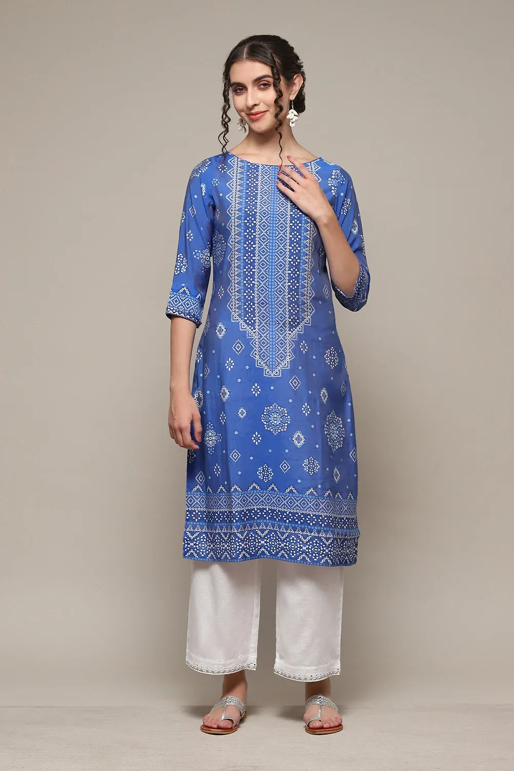 Royal Blue Bandhani-Inspired Straight Kurta with White Palazzo