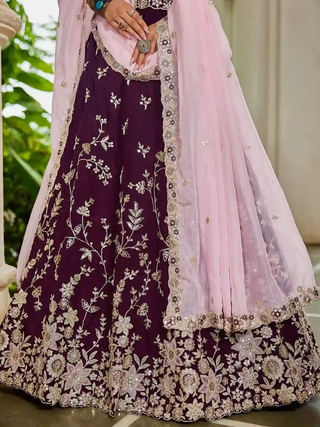 Luxury Burgundy Organza Bridal Lehenga Choli with Baby Pink Dupatta - Image 3