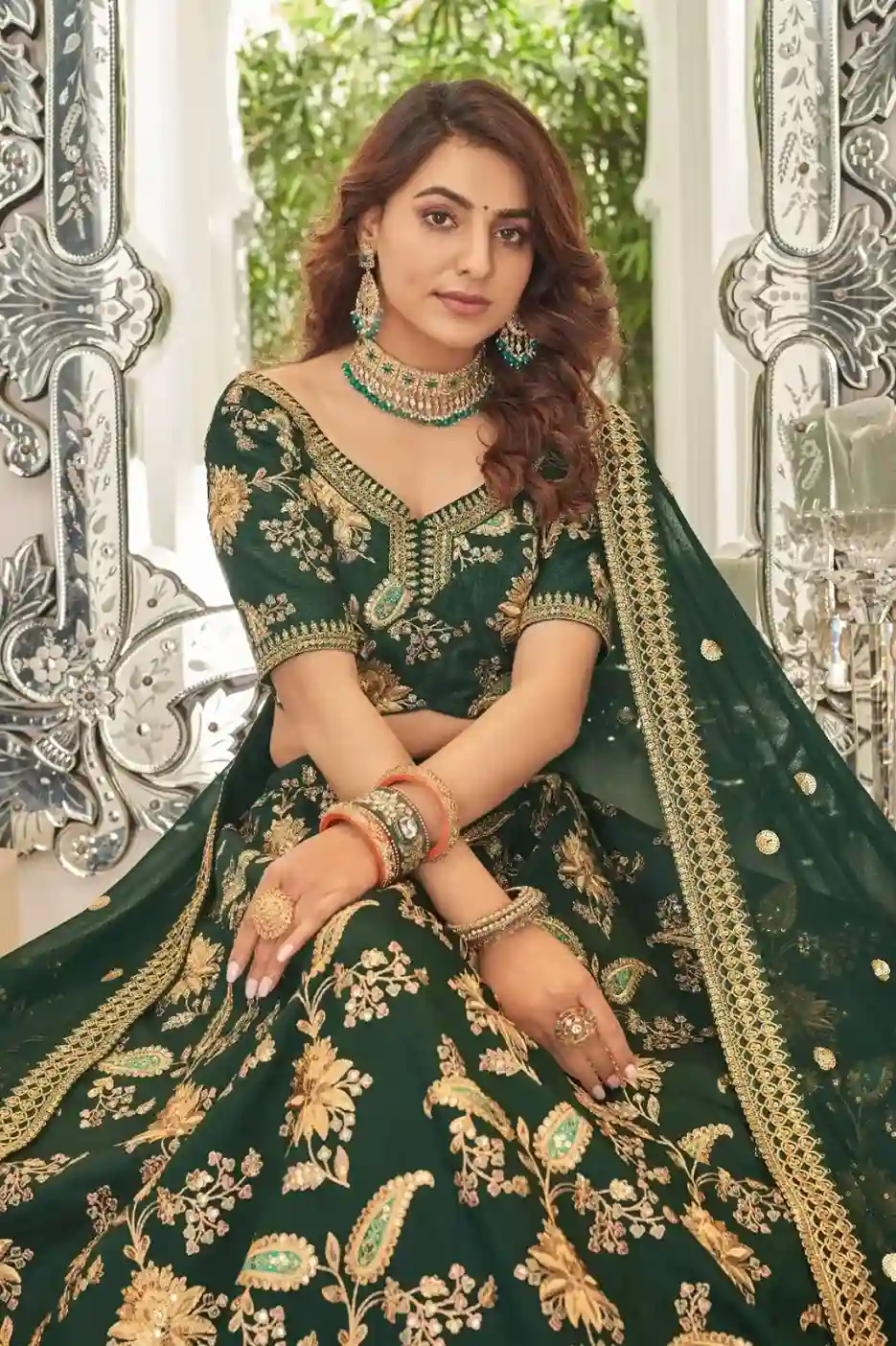 Emerald Green & Gold Embroidered Art Silk Lehenga Choli - Image 4