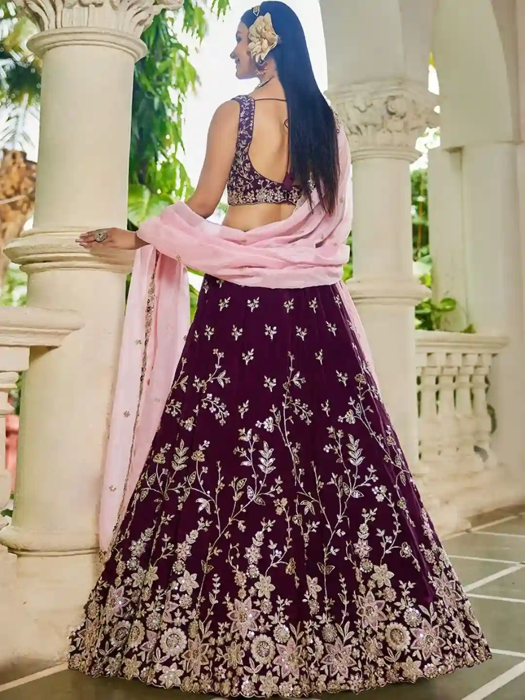 Luxury Burgundy Organza Bridal Lehenga Choli with Baby Pink Dupatta - Image 2