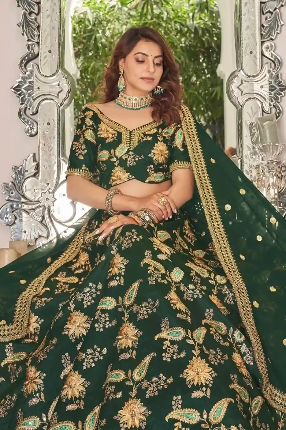 Emerald Green & Gold Embroidered Art Silk Lehenga Choli - Image 3