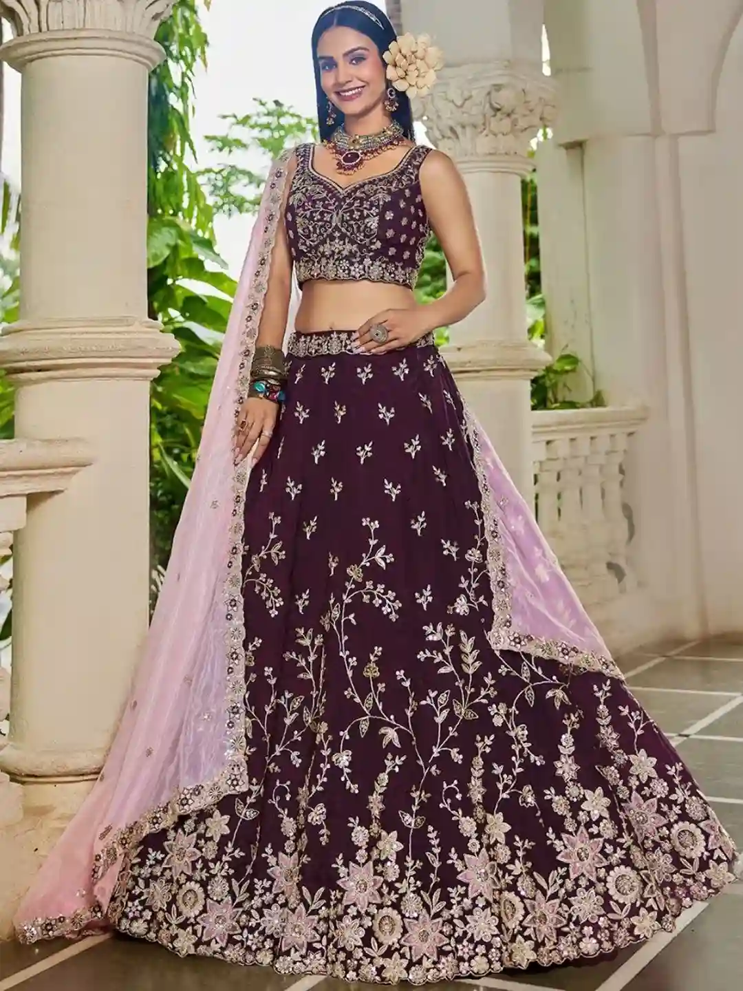 Luxury Burgundy Organza Bridal Lehenga Choli with Baby Pink Dupatta - Image 4
