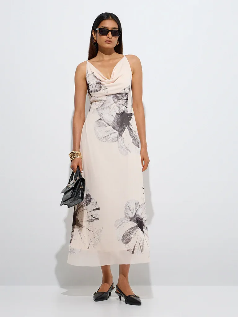 Monochrome Muse Cowl-Neck Floral Midi Dress – Beige/Black - Image 2