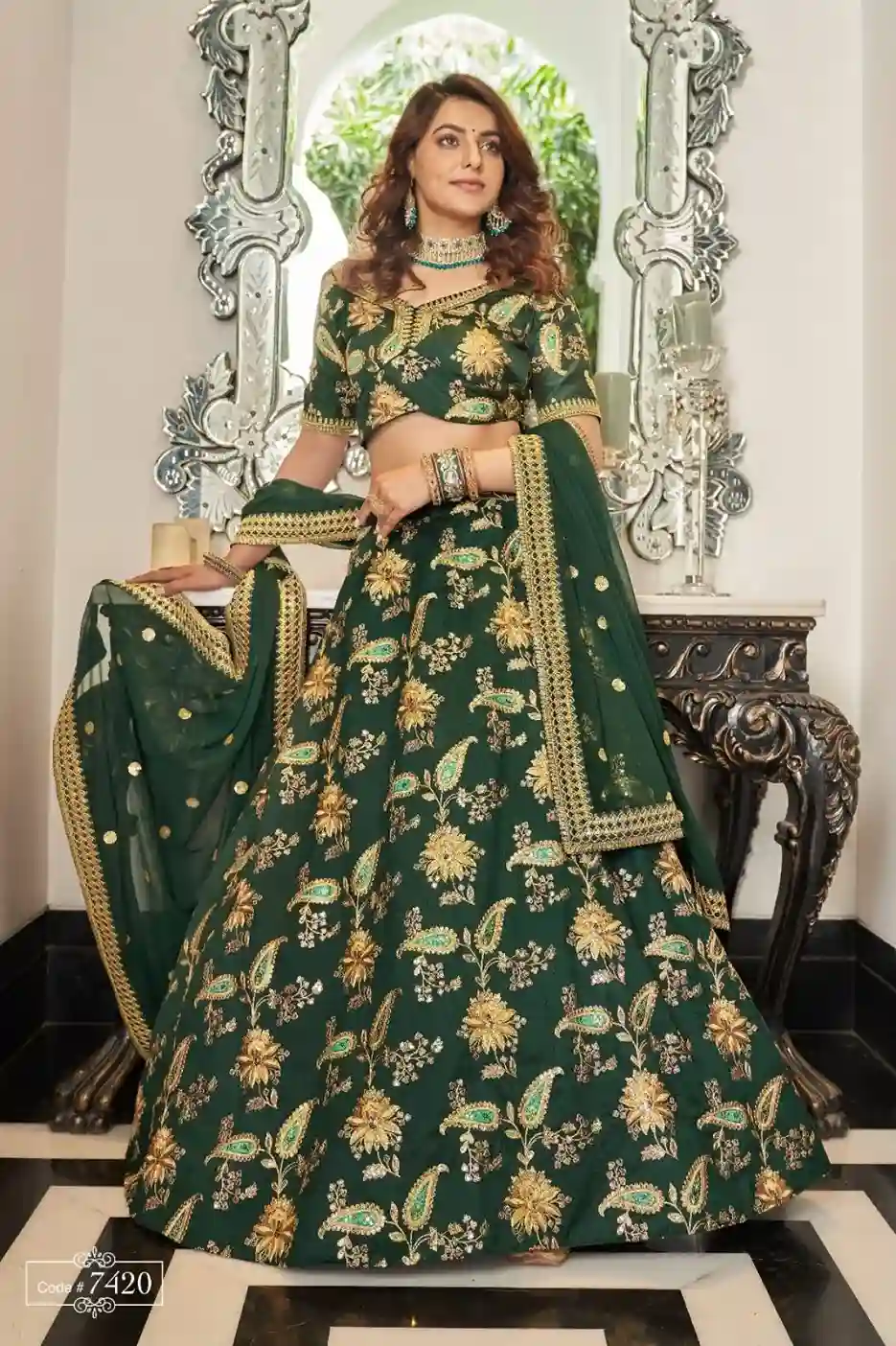Emerald Green & Gold Embroidered Art Silk Lehenga Choli - Image 5