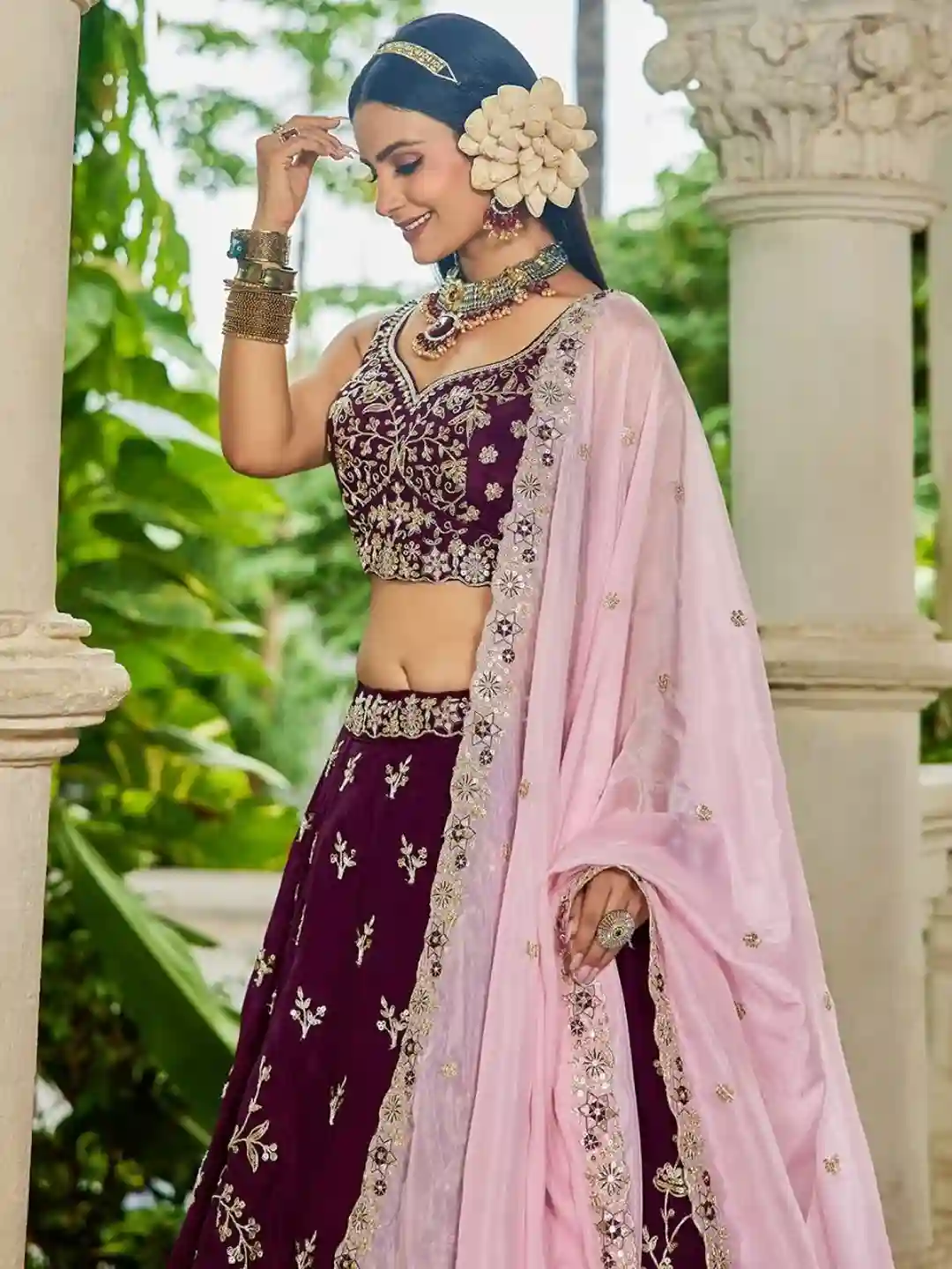 Luxury Burgundy Organza Bridal Lehenga Choli with Baby Pink Dupatta - Image 5
