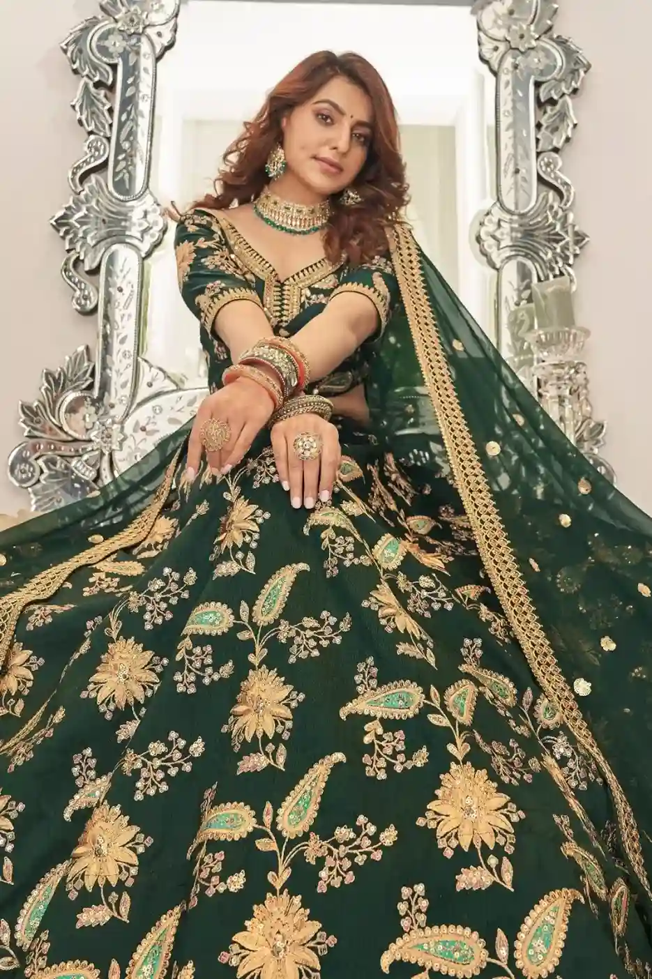 Emerald Green & Gold Embroidered Art Silk Lehenga Choli - Image 2