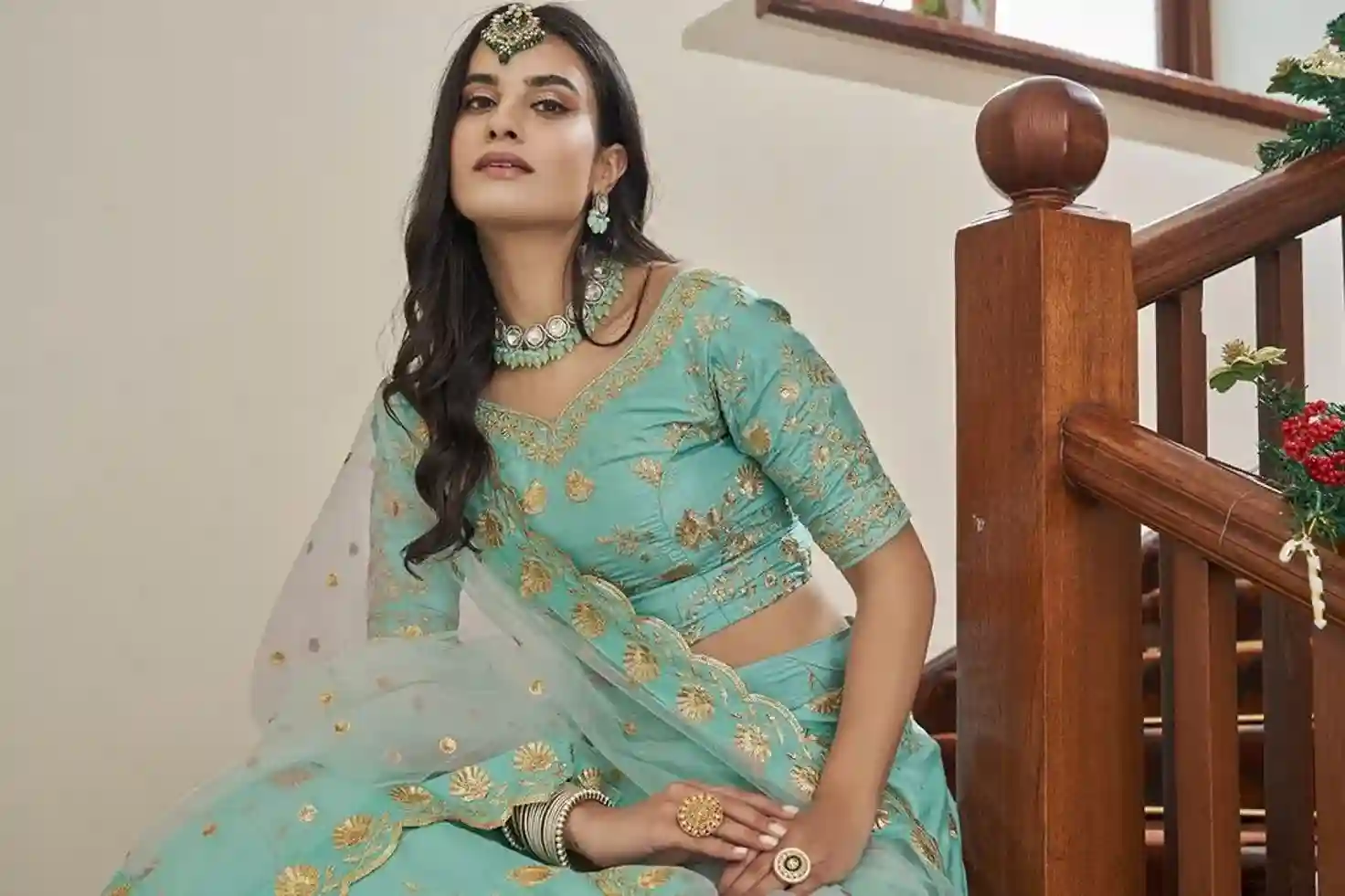 Pastel Aqua Blue Embroidered Lehenga Choli - Image 3