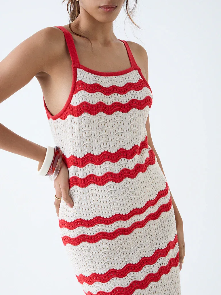 Ecru & Red Wave Knit Maxi Dress – Coastal Luxe with a US Summer Trend Edge - Image 3