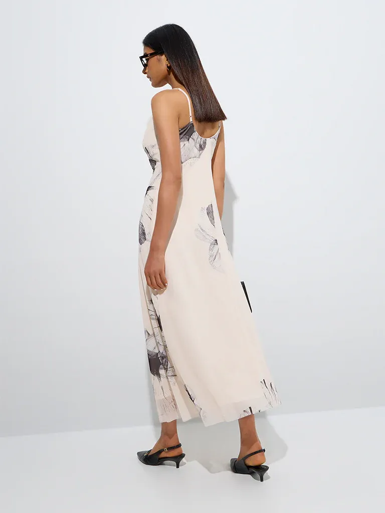 Monochrome Muse Cowl-Neck Floral Midi Dress – Beige/Black - Image 4