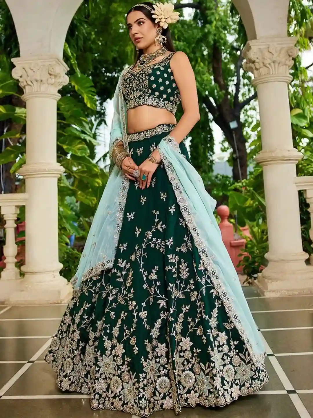 Emerald Green Organza Embroidered Lehenga Choli with Sky Blue Dupatta - Image 7