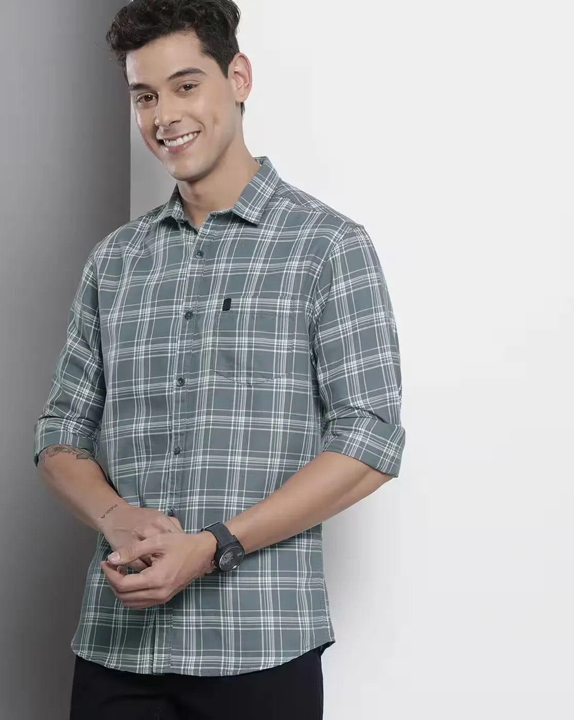 Grey & White Tartan Check Slim Fit Casual Shirt – Laid-Back Cool with a Sharp Edge - Image 2