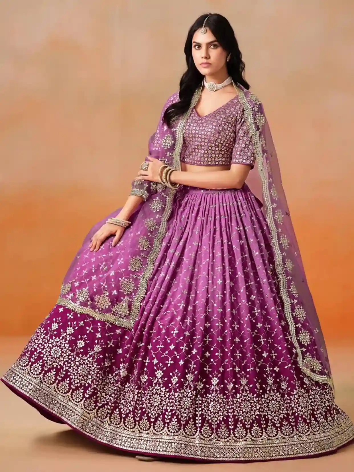 Bridal Rani Pink Ombre Georgette Lehenga Choli with Heavy Mirror & Sequin Work - Image 4