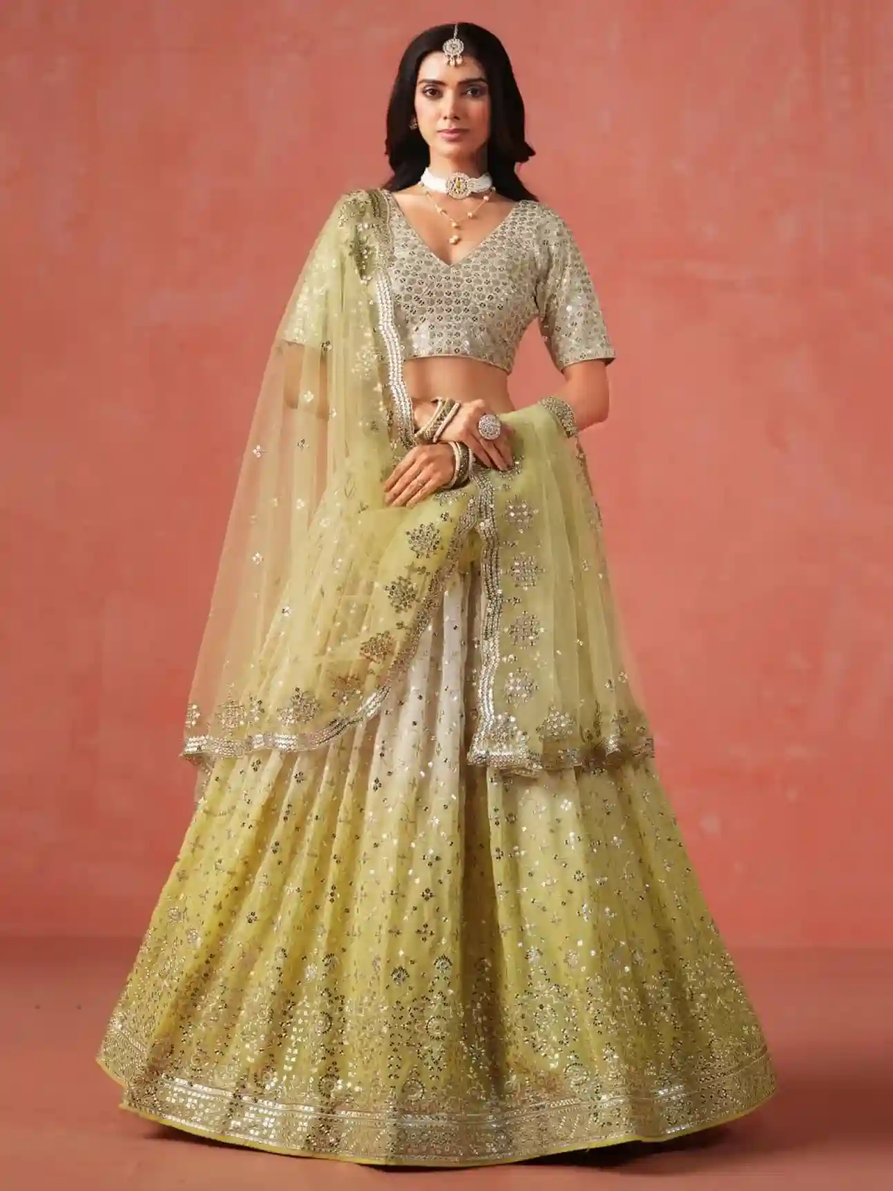 Soft Yellow-Beige Ombre Georgette Lehenga Choli with Mirror & Sequin Embroidery - Image 2