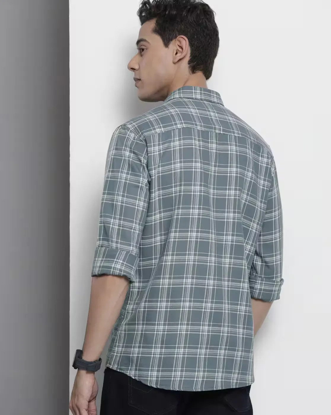 Grey & White Tartan Check Slim Fit Casual Shirt – Laid-Back Cool with a Sharp Edge - Image 3