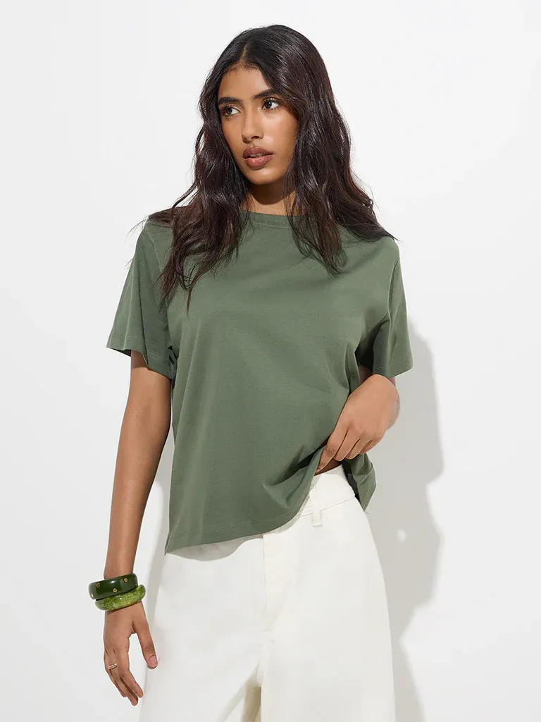 Women’s Olive Green Relaxed-Fit T-Shirt - Image 4