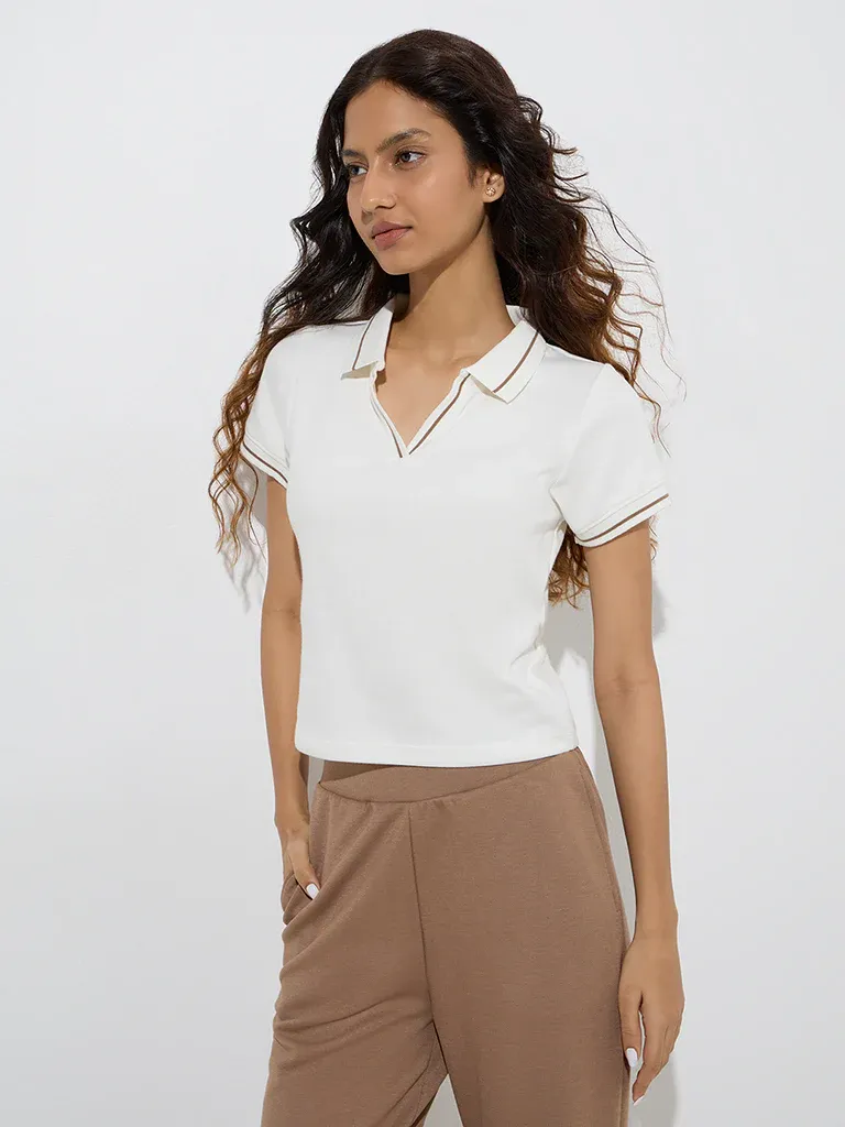 Women’s White Polo-Style T-Shirt with Contrast Trim - Image 4