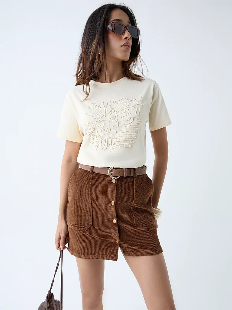 Women’s Butter Yellow Abstract Cord Embroidered T-Shirt - Image 4
