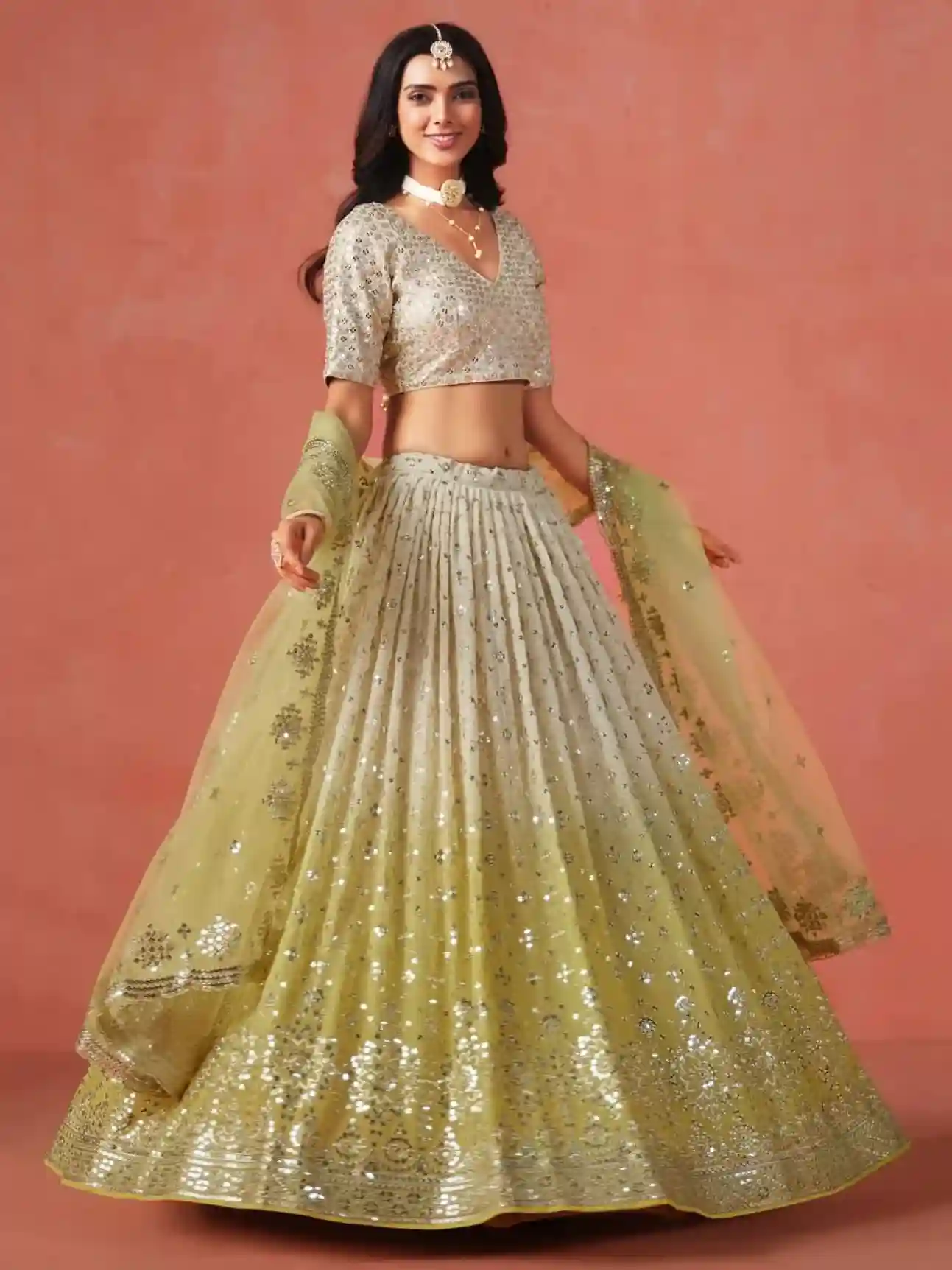 Soft Yellow-Beige Ombre Georgette Lehenga Choli with Mirror & Sequin Embroidery - Image 7