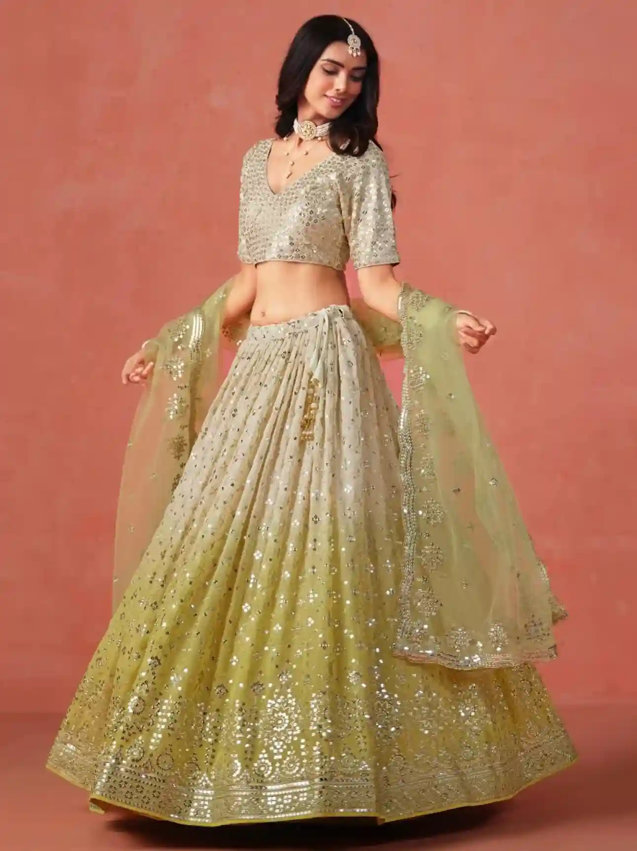Soft Yellow-Beige Ombre Georgette Lehenga Choli with Mirror & Sequin Embroidery - Image 8