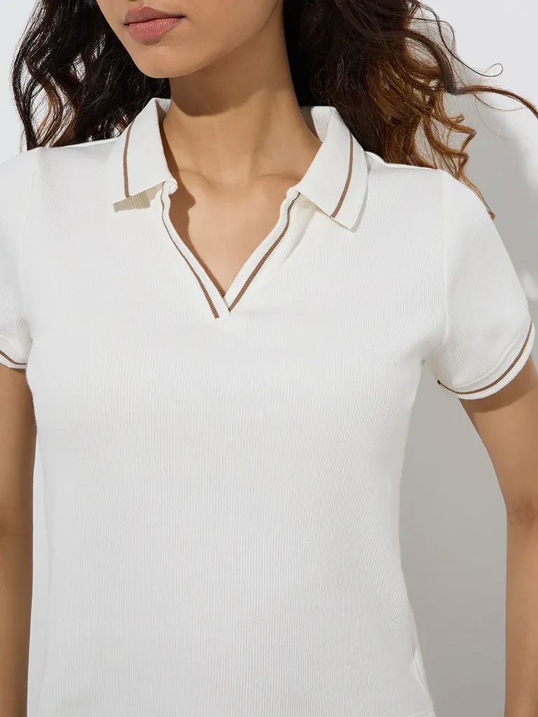Women’s White Polo-Style T-Shirt with Contrast Trim - Image 3