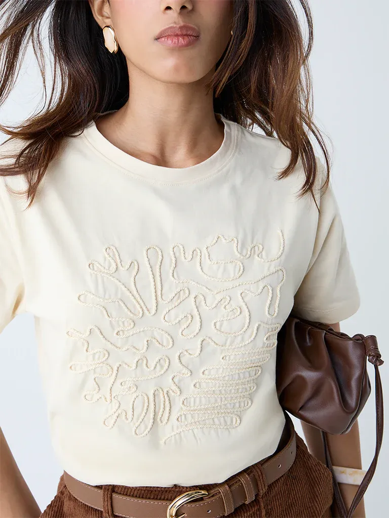Women’s Butter Yellow Abstract Cord Embroidered T-Shirt - Image 3
