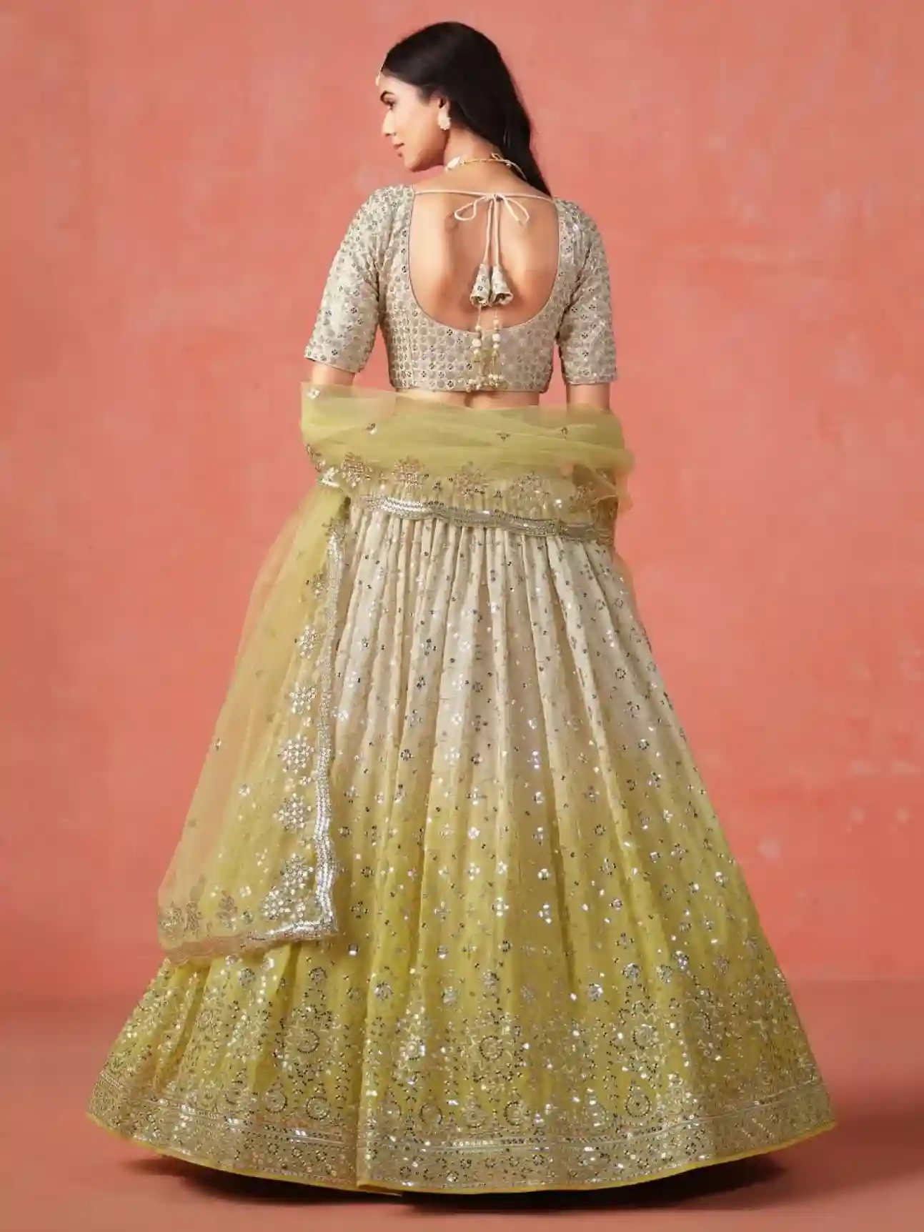 Soft Yellow-Beige Ombre Georgette Lehenga Choli with Mirror & Sequin Embroidery - Image 4