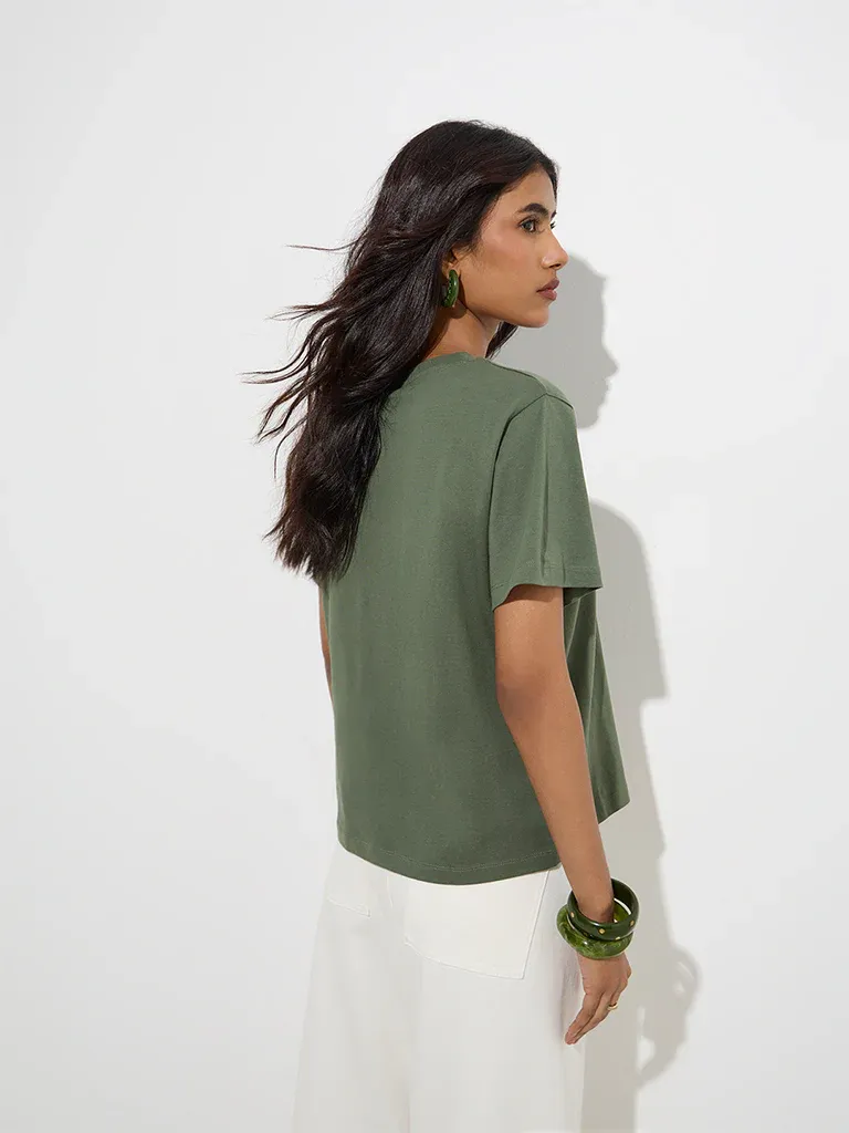 Women’s Olive Green Relaxed-Fit T-Shirt - Image 2