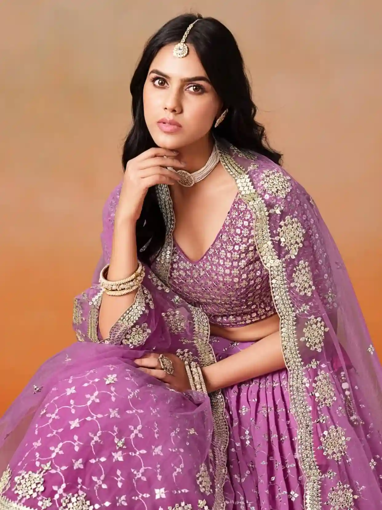 Bridal Rani Pink Ombre Georgette Lehenga Choli with Heavy Mirror & Sequin Work - Image 8