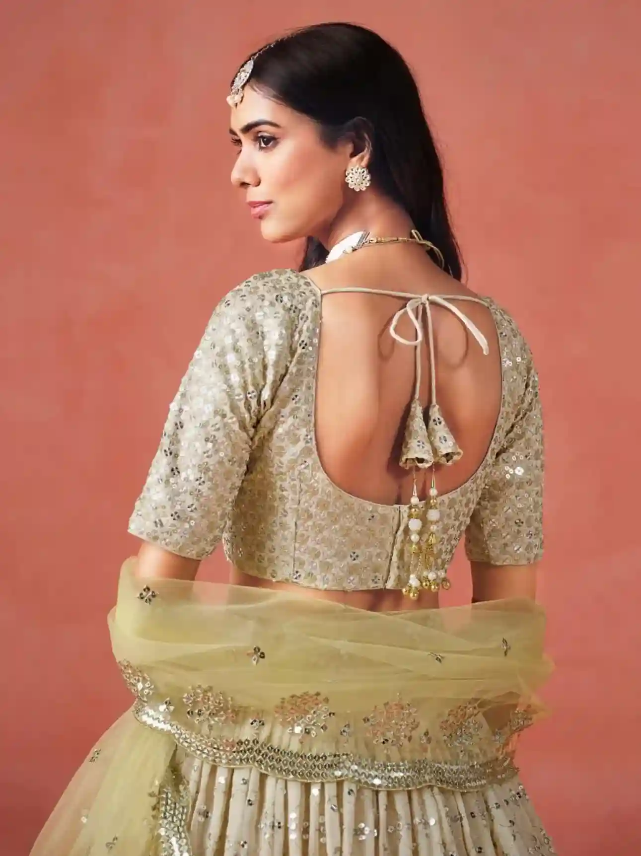 Soft Yellow-Beige Ombre Georgette Lehenga Choli with Mirror & Sequin Embroidery - Image 3