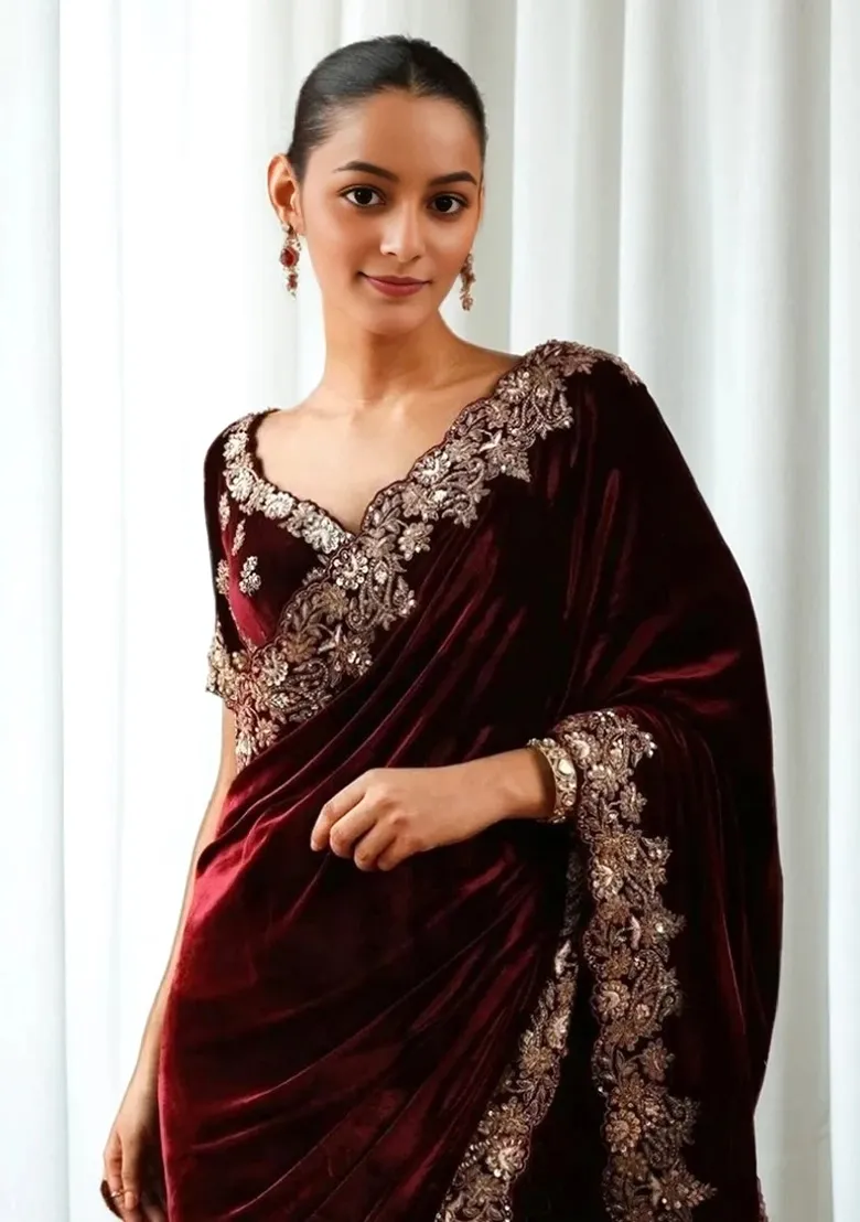 Maroon Velvet Saree with Gold Embroidery – Heritage Meets High Finance Elegance - Image 4