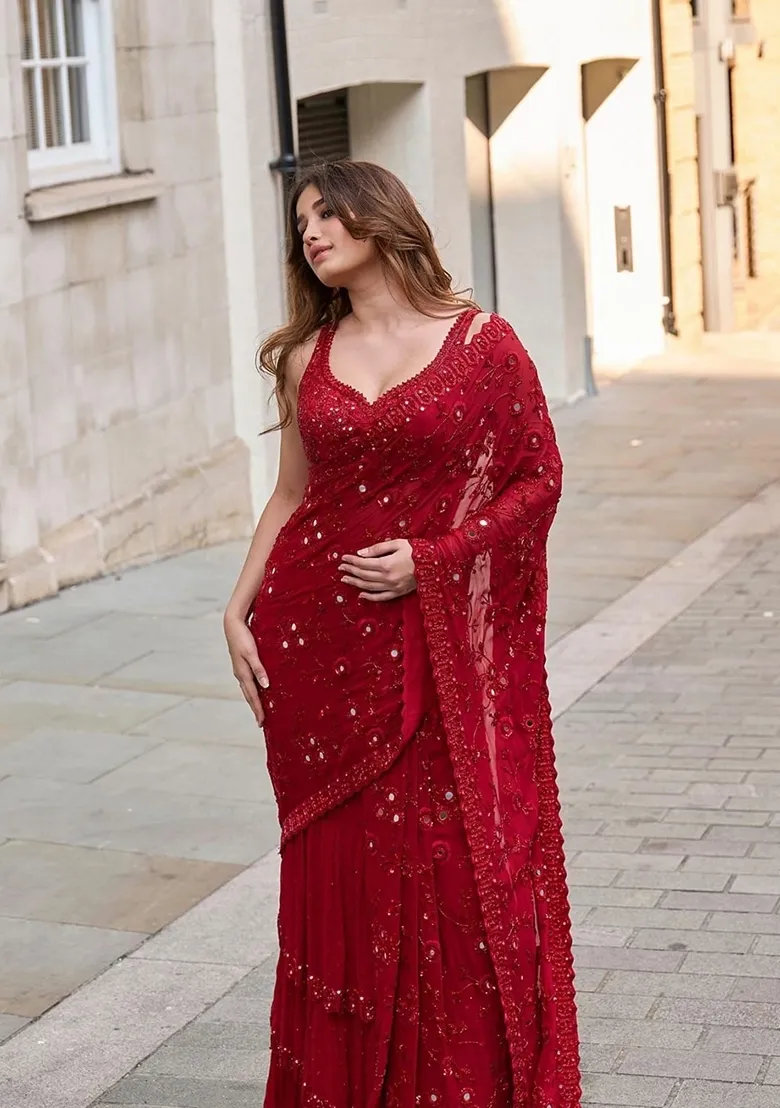 Red Embroidered Saree – Urban Royalty with a Global Trade Edge - Image 3