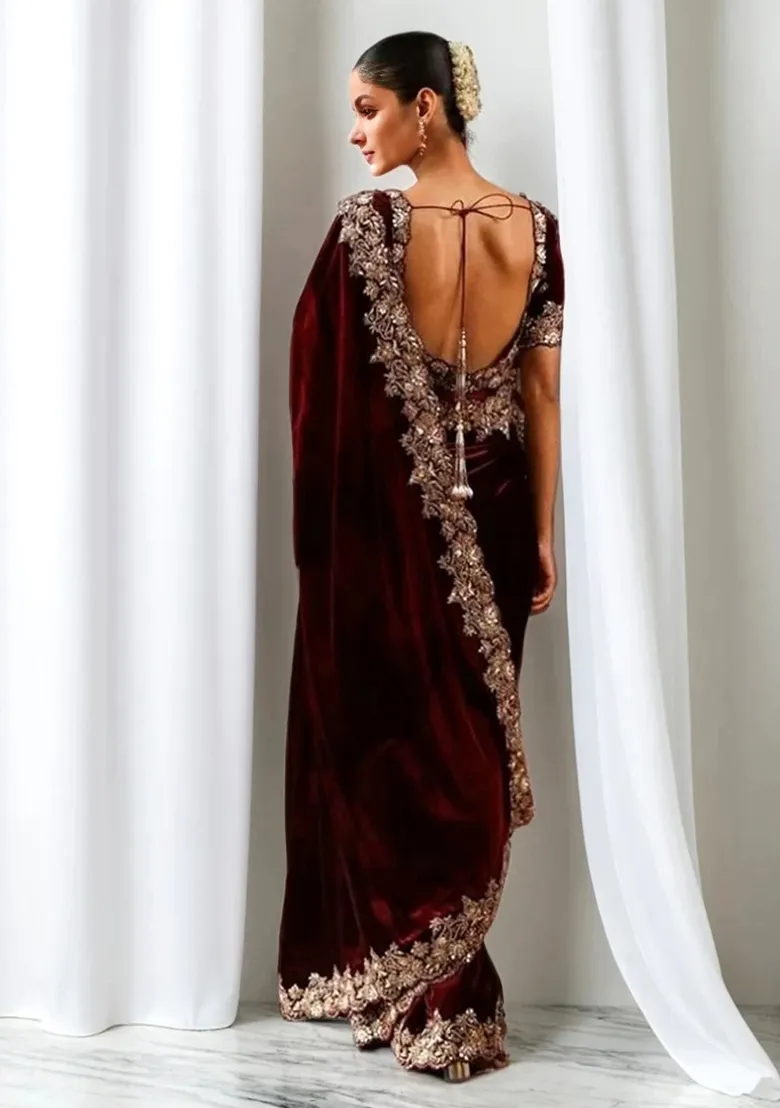 Maroon Velvet Saree with Gold Embroidery – Heritage Meets High Finance Elegance - Image 2