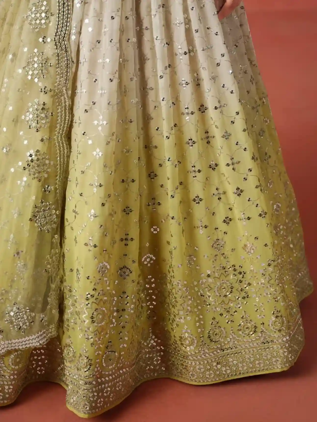 Soft Yellow-Beige Ombre Georgette Lehenga Choli with Mirror & Sequin Embroidery - Image 5