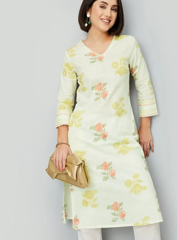 Off-White Floral Printed Straight Kurta – Effortlessly Elegant Everyday Wear - Image 2