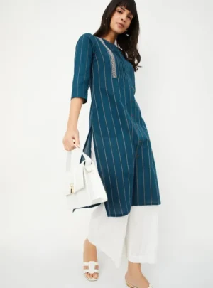 Teal Handloom-Inspired Striped Kurta – Minimalist Sophistication with a Heritage Touch