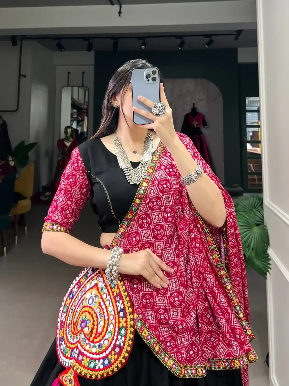 Black Heritage Capital Chaniya Choli with Red Bandhani Dupatta – Kutchi Luxe Edition - Image 4