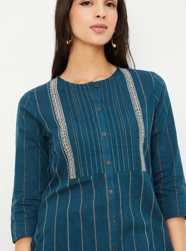 Teal Handloom-Inspired Striped Kurta – Minimalist Sophistication with a Heritage Touch - Image 2