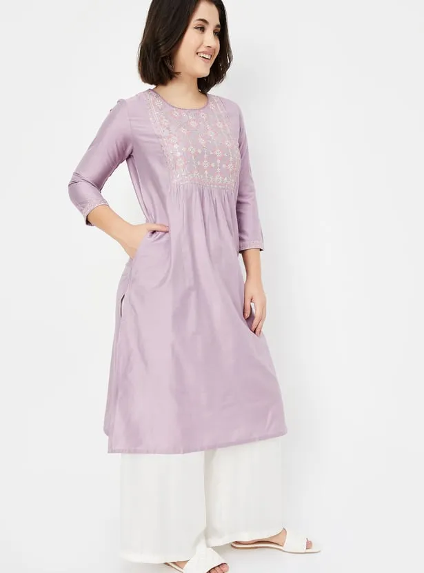 Lavender Bloom Embroidered Kurta – Subtle Radiance, Timeless Comfort - Image 3