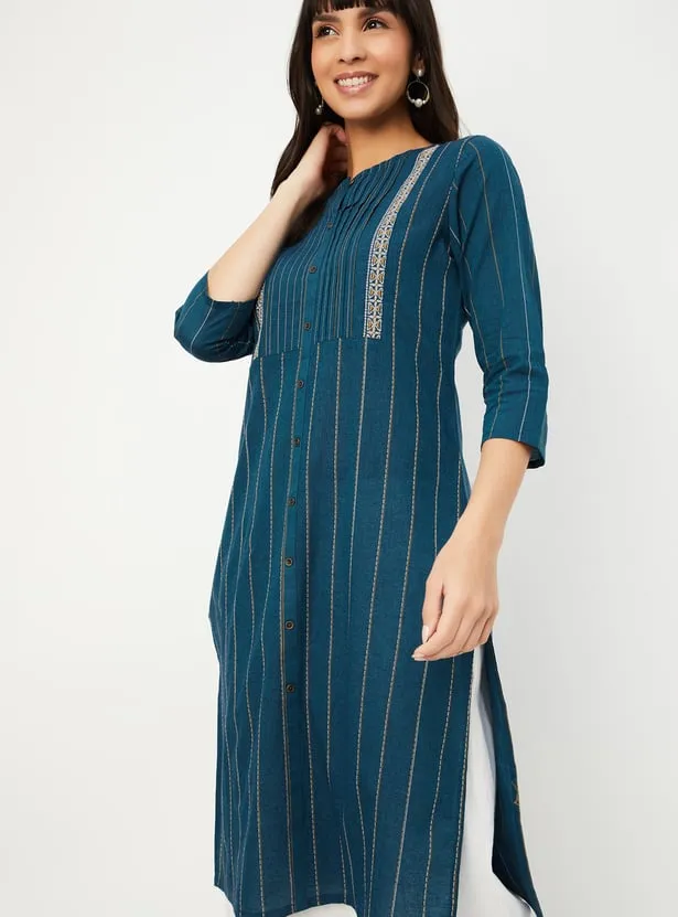 Teal Handloom-Inspired Striped Kurta – Minimalist Sophistication with a Heritage Touch - Image 4