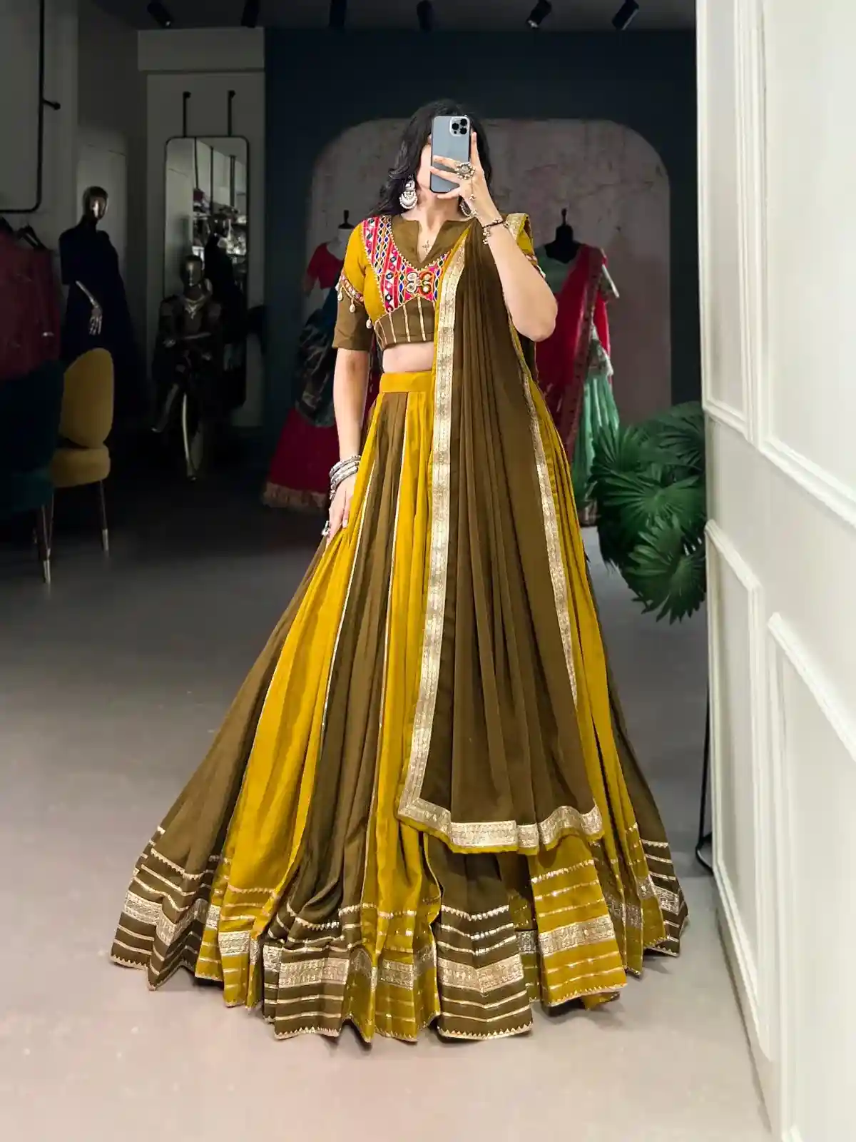 Dual Heritage Mustard & Olive Chaniya Choli – Tradition with a Global Statement - Image 4