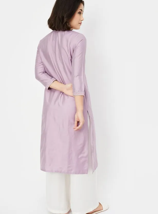 Lavender Bloom Embroidered Kurta – Subtle Radiance, Timeless Comfort - Image 2