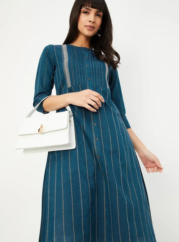Teal Handloom-Inspired Striped Kurta – Minimalist Sophistication with a Heritage Touch - Image 3