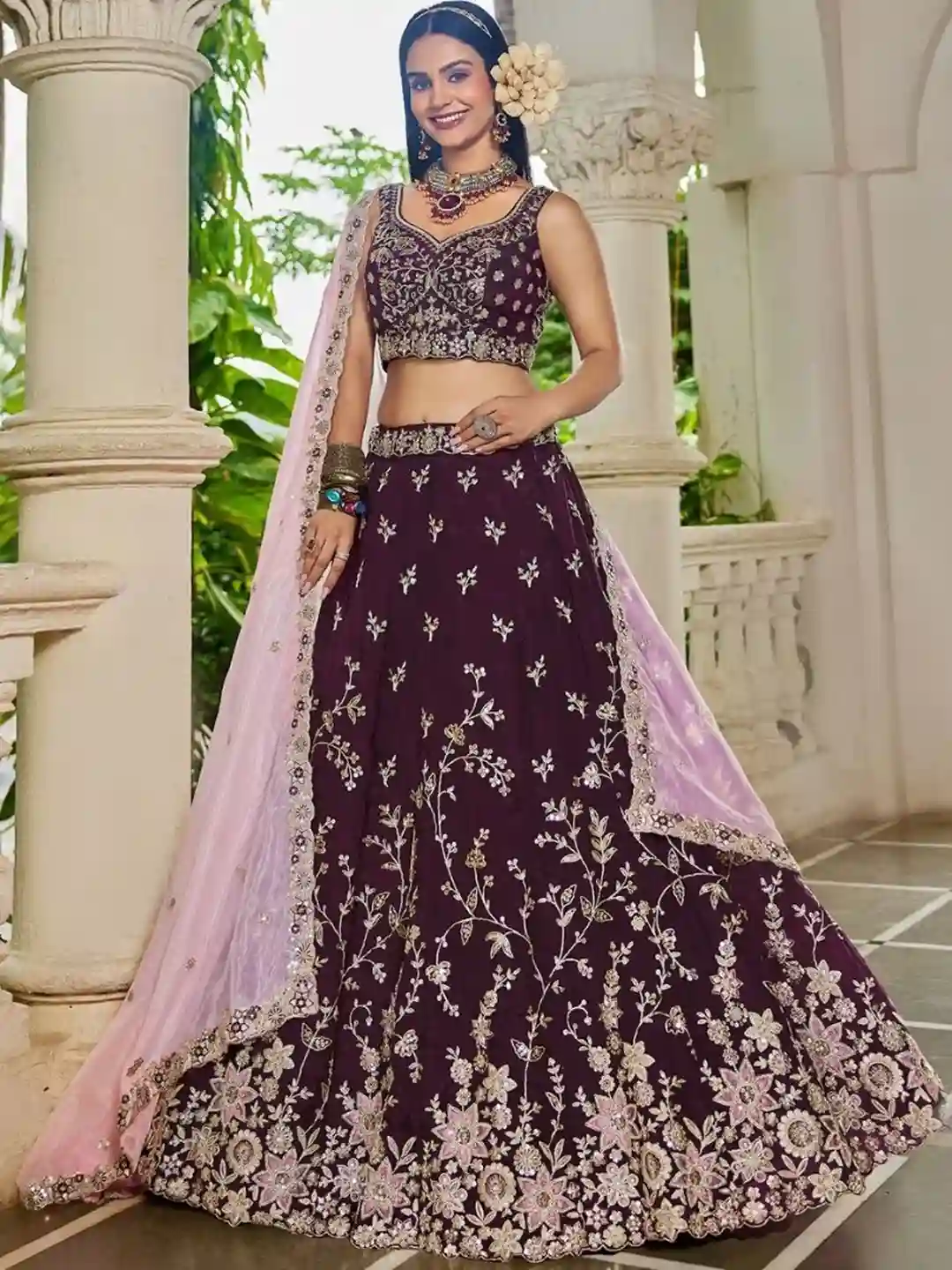 Luxury Burgundy Organza Bridal Lehenga Choli with Baby Pink Dupatta - Image 6