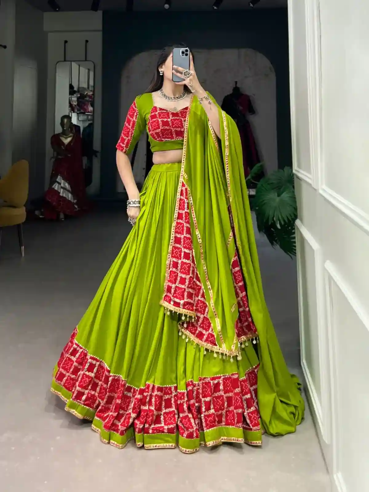 Mehendi Ruby Chaniya Choli – Vibrant Contrast, Timeless Grace - Image 4
