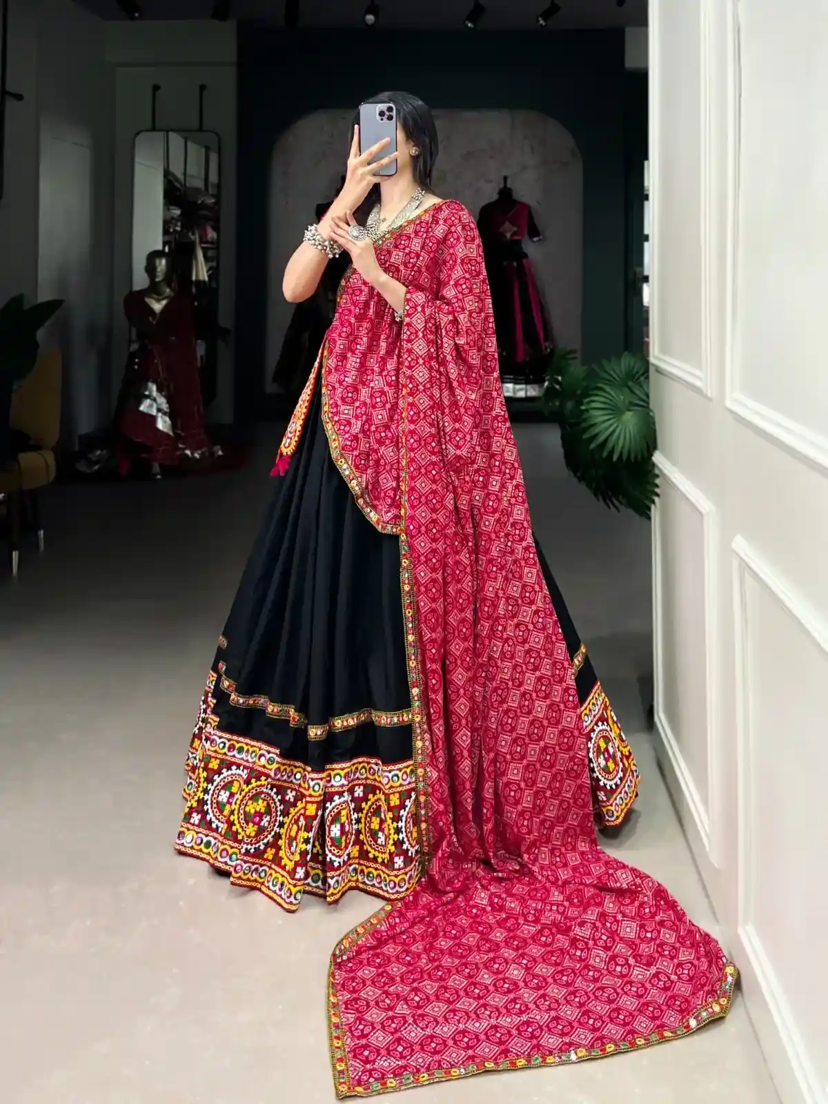 Black Heritage Capital Chaniya Choli with Red Bandhani Dupatta – Kutchi Luxe Edition - Image 3